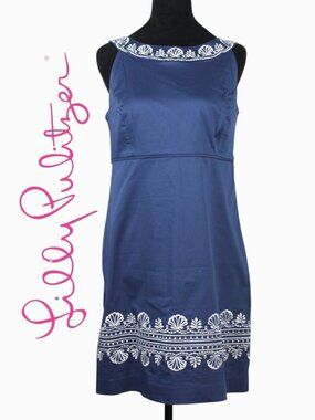 Lilly Pulitzer Navy Sleeveless Empire Waist Dress with White Embroidery Size 8